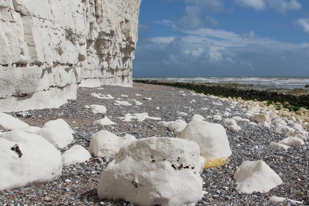 The Icknield Way Chalk-boulders-and-flint-strata-in-chalk-cliffs-east-of-birling-gap